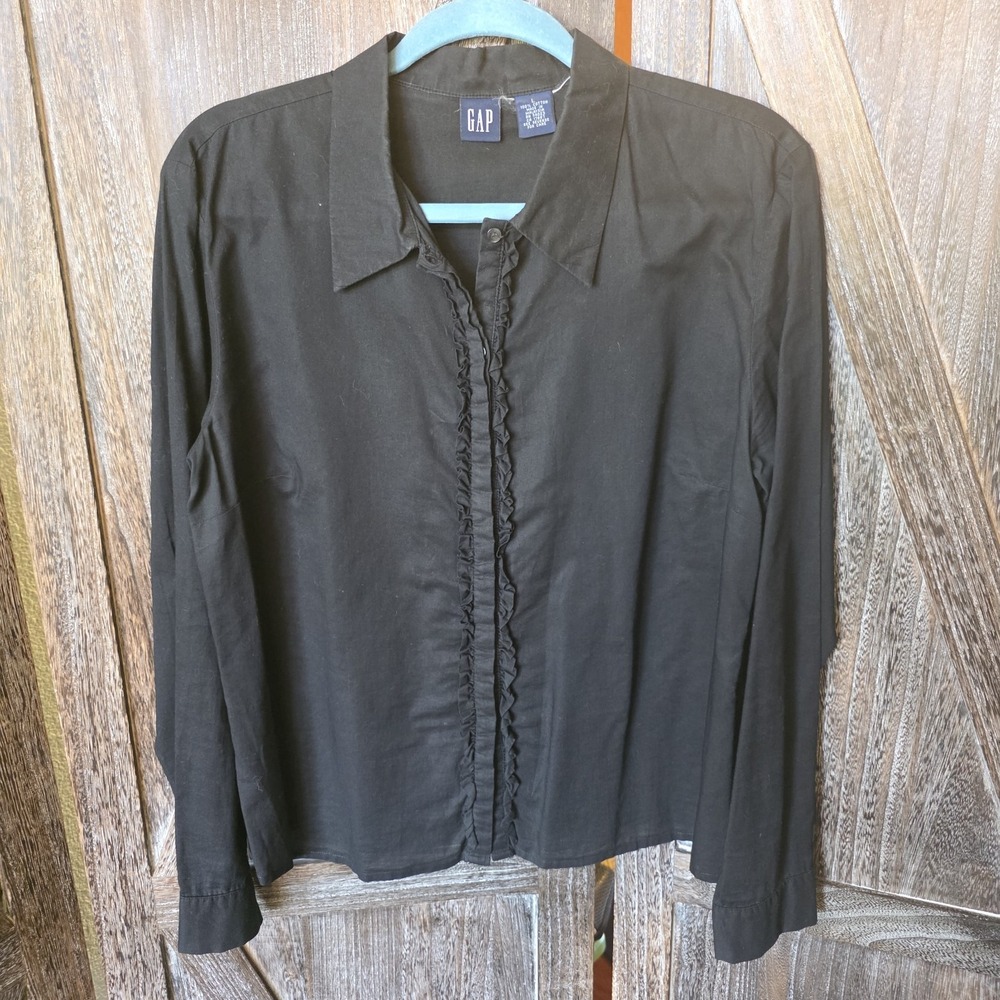 Gap Shirt Women's Size Large Black Ruffle Button Up Long Sleeve Collared Top